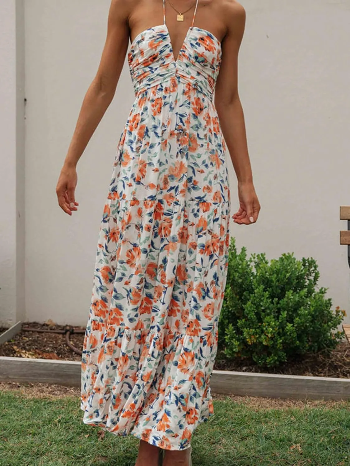 Women Summer Maxi Dress Casual Floral Halter Neck Beach Hawaiian Outfits Casual Loose Boho Sundress