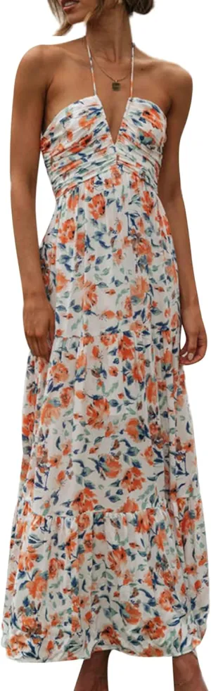 Women Summer Maxi Dress Casual Floral Halter Neck Beach Hawaiian Outfits Casual Loose Boho Sundress