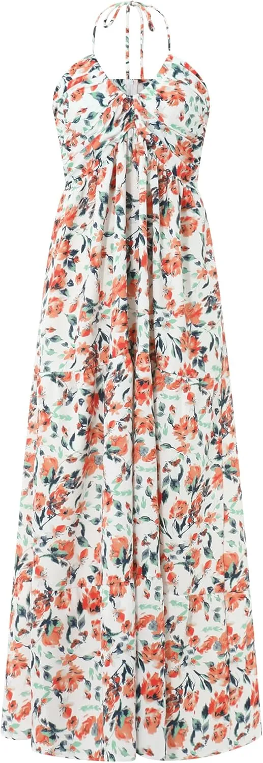 Women Summer Maxi Dress Casual Floral Halter Neck Beach Hawaiian Outfits Casual Loose Boho Sundress