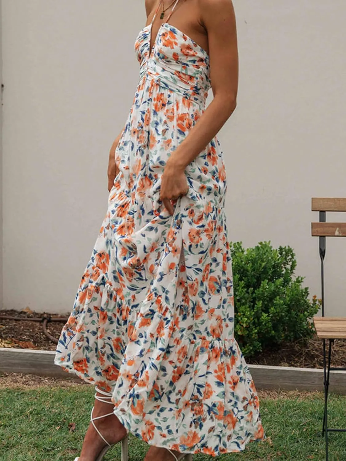 Women Summer Maxi Dress Casual Floral Halter Neck Beach Hawaiian Outfits Casual Loose Boho Sundress