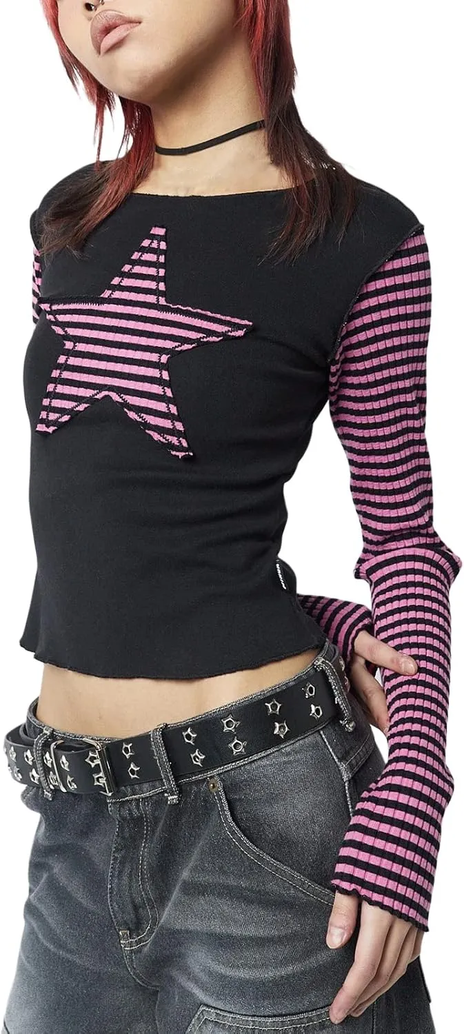 Women Vintage Star Pattern Stripes Patchwork T Shirts Long Sleeve Crew Neck Crop Top Casual Y2K 90s Streetwear
