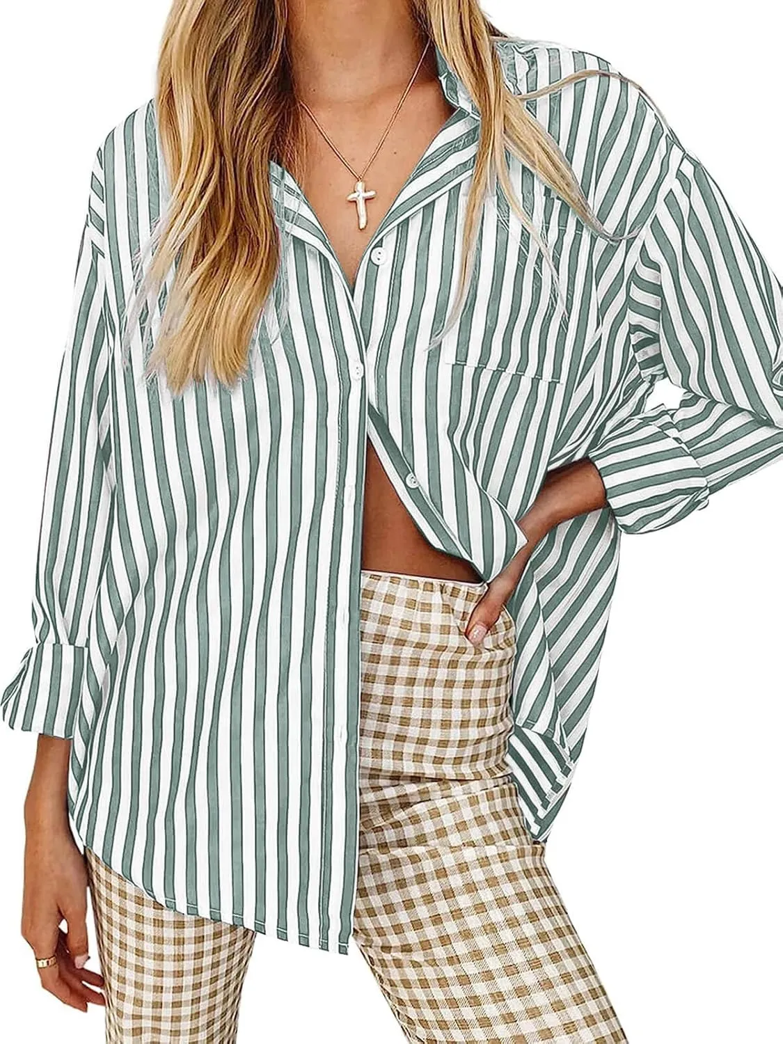 Women's Blouses Striped Long Sleeve Shirts Button Down Loose Fit Casual Tops