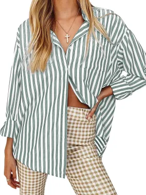 Women's Blouses Striped Long Sleeve Shirts Button Down Loose Fit Casual Tops