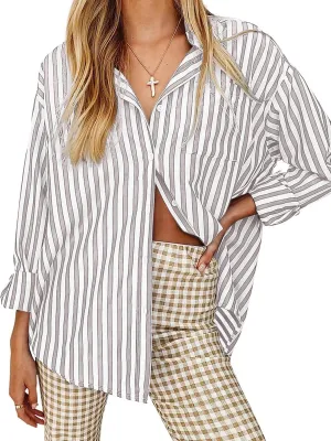 Women's Blouses Striped Long Sleeve Shirts Button Down Loose Fit Casual Tops