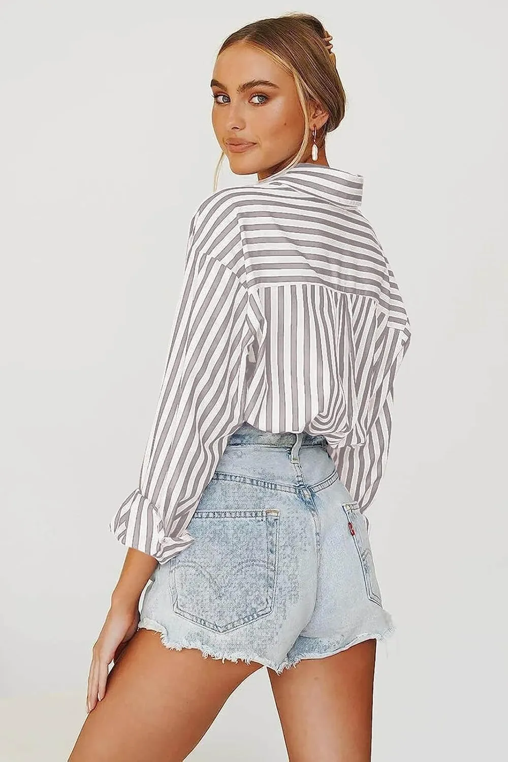 Women's Blouses Striped Long Sleeve Shirts Button Down Loose Fit Casual Tops