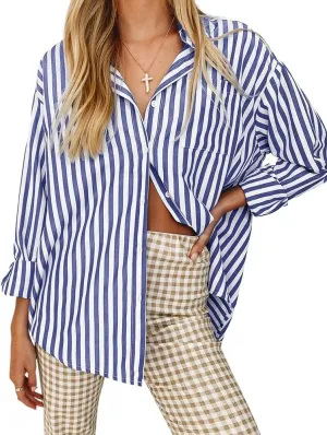 Women's Blouses Striped Long Sleeve Shirts Button Down Loose Fit Casual Tops