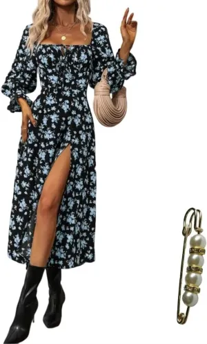 Womens Floral Square Neck Maxi Dress Bubble Long Sleeve Side Slit Flowy Boho Dresses