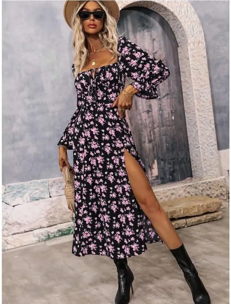 Womens Floral Square Neck Maxi Dress Bubble Long Sleeve Side Slit Flowy Boho Dresses