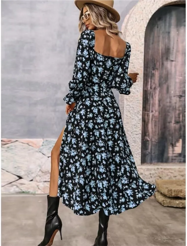 Womens Floral Square Neck Maxi Dress Bubble Long Sleeve Side Slit Flowy Boho Dresses
