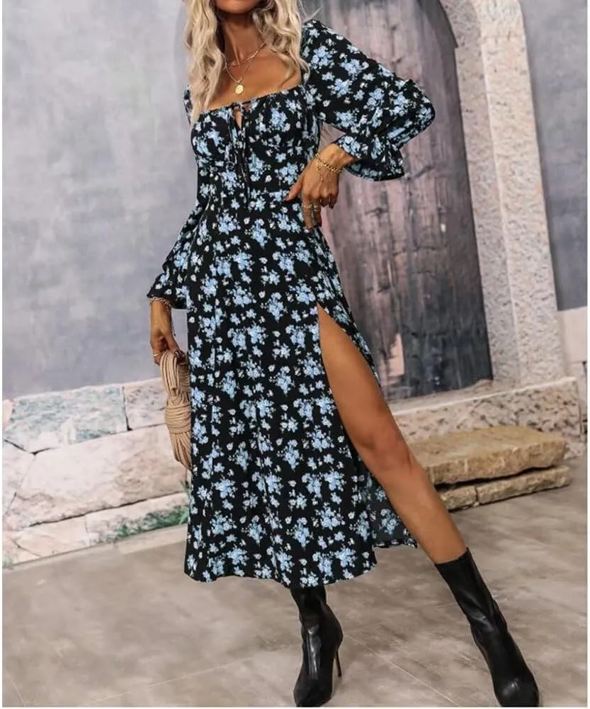 Womens Floral Square Neck Maxi Dress Bubble Long Sleeve Side Slit Flowy Boho Dresses