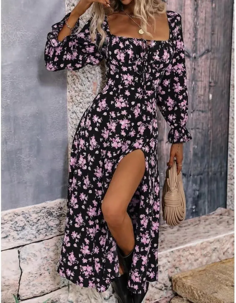 Womens Floral Square Neck Maxi Dress Bubble Long Sleeve Side Slit Flowy Boho Dresses