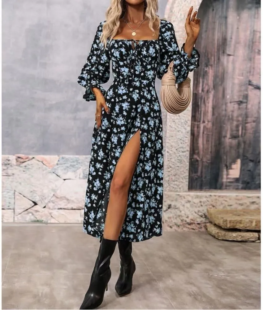 Womens Floral Square Neck Maxi Dress Bubble Long Sleeve Side Slit Flowy Boho Dresses