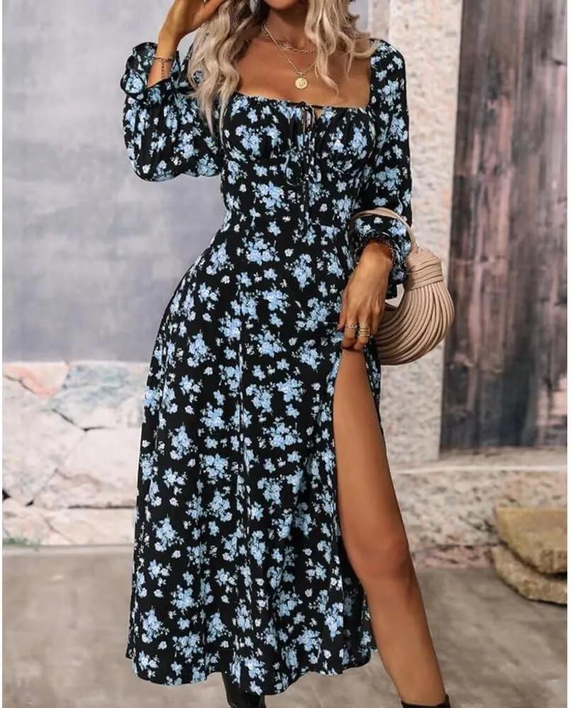 Womens Floral Square Neck Maxi Dress Bubble Long Sleeve Side Slit Flowy Boho Dresses