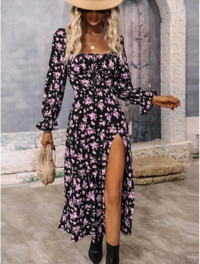 Womens Floral Square Neck Maxi Dress Bubble Long Sleeve Side Slit Flowy Boho Dresses