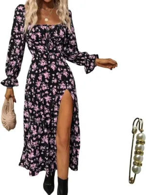 Womens Floral Square Neck Maxi Dress Bubble Long Sleeve Side Slit Flowy Boho Dresses