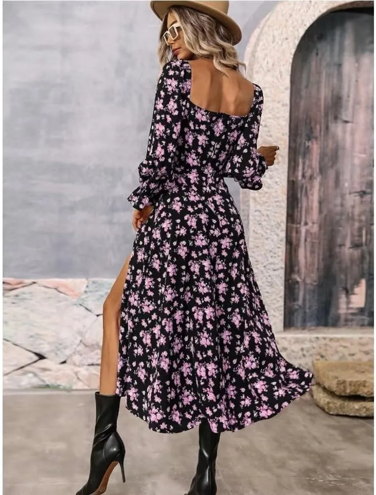Womens Floral Square Neck Maxi Dress Bubble Long Sleeve Side Slit Flowy Boho Dresses