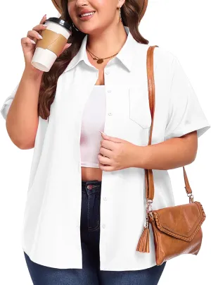 Womens Plus Size Tops Button Down Shirts Cuffed Short Sleeve Casual Tunic Collared Summer Casual Blouse XL - 5XL