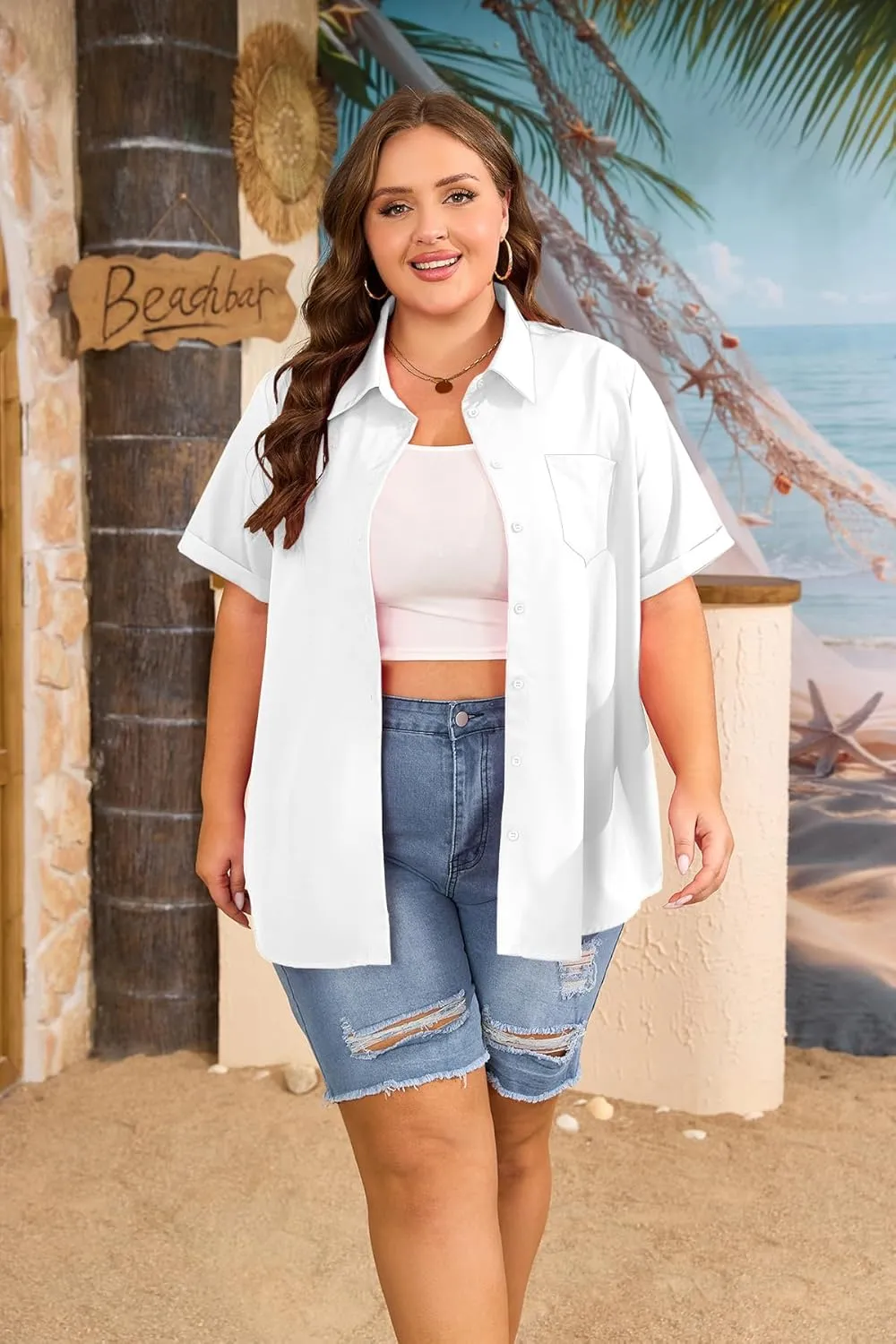 Womens Plus Size Tops Button Down Shirts Cuffed Short Sleeve Casual Tunic Collared Summer Casual Blouse XL - 5XL