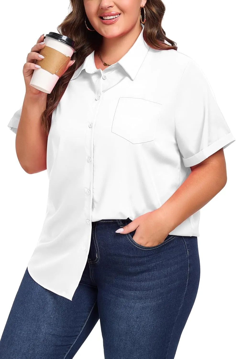 Womens Plus Size Tops Button Down Shirts Cuffed Short Sleeve Casual Tunic Collared Summer Casual Blouse XL - 5XL