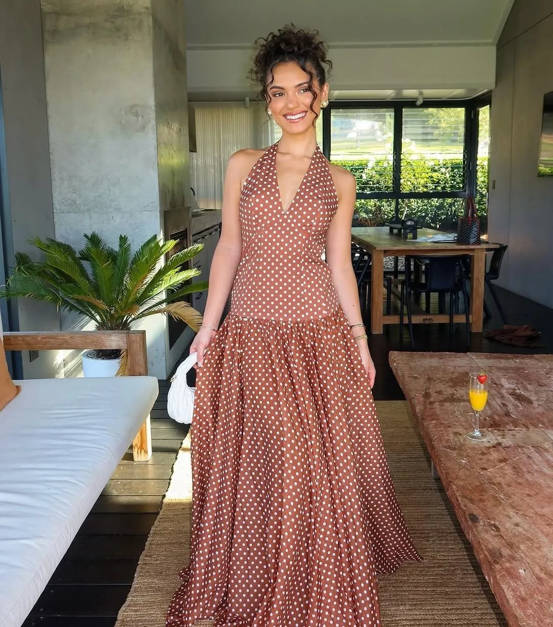 Women's Polka Dot Halter Neck Sleeveless V-Neck Swing Summer Sundress Casual Retro Cocktail Party Dress