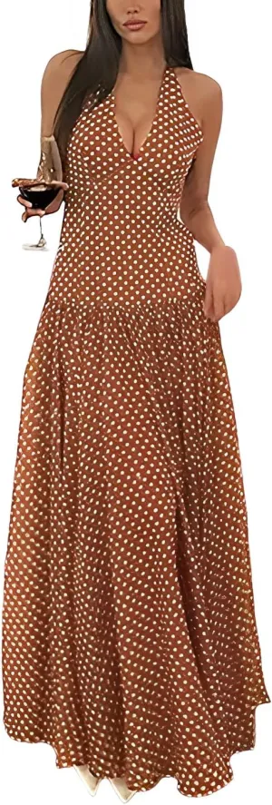 Women's Polka Dot Halter Neck Sleeveless V-Neck Swing Summer Sundress Casual Retro Cocktail Party Dress