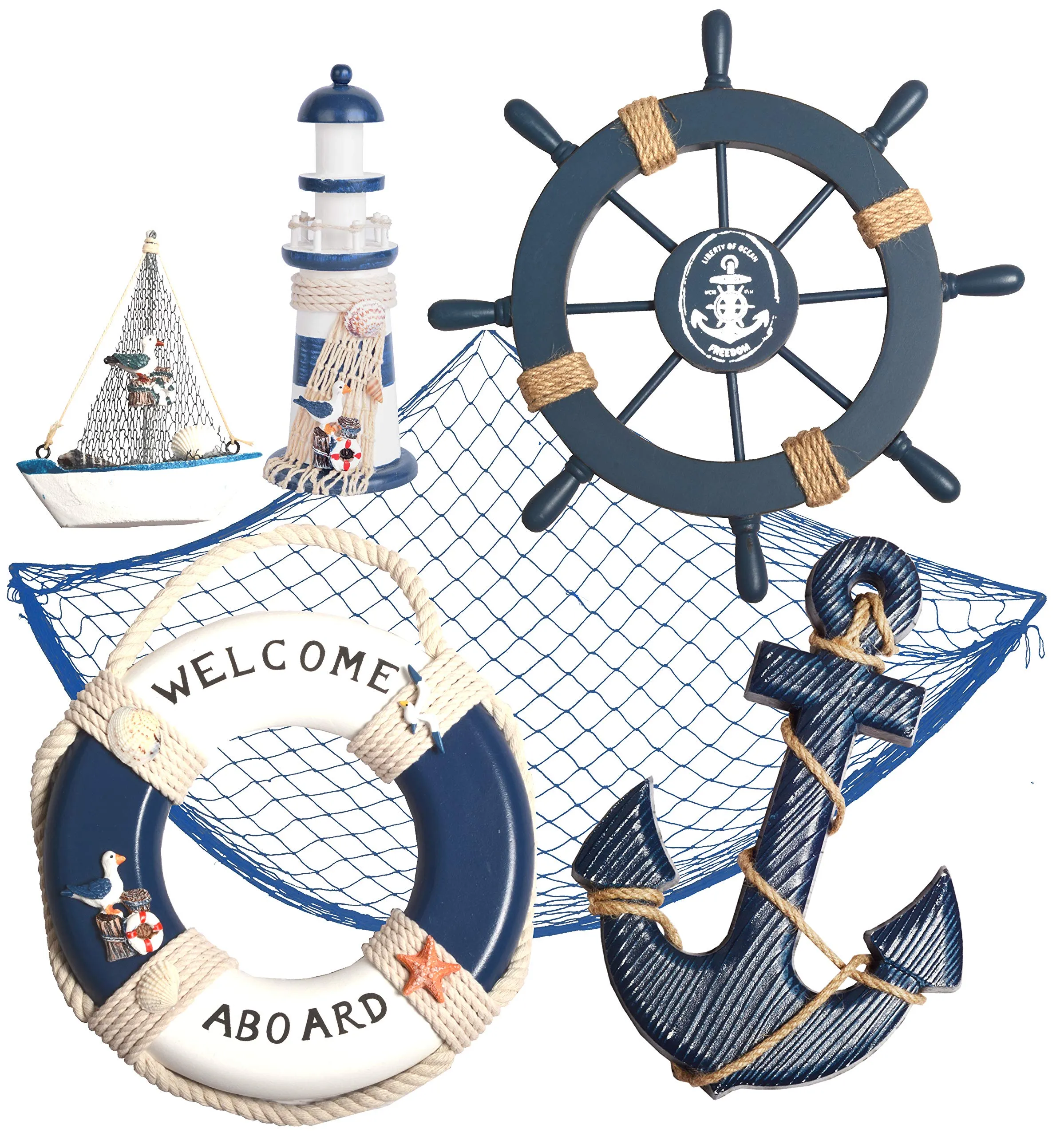 Wooden Nautical Lighthouse Anchor Wall Hanging Ornament, Beach Wooden Boat Ship Steering