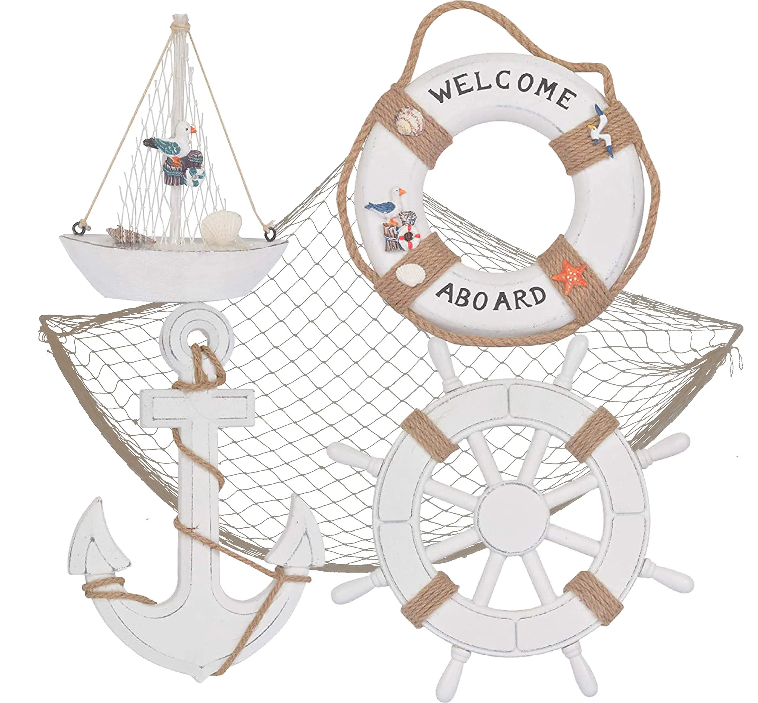 Wooden Nautical Lighthouse Anchor Wall Hanging Ornament, Beach Wooden Boat Ship Steering