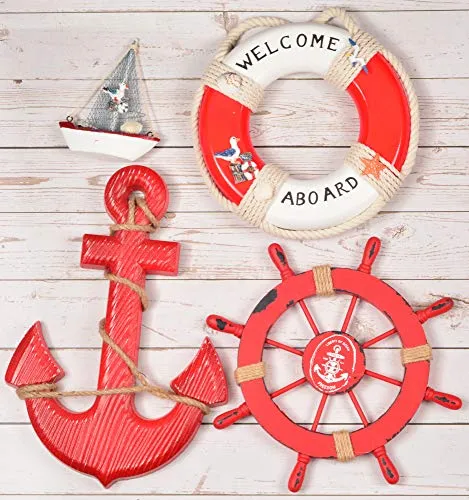 Wooden Nautical Lighthouse Anchor Wall Hanging Ornament, Beach Wooden Boat Ship Steering