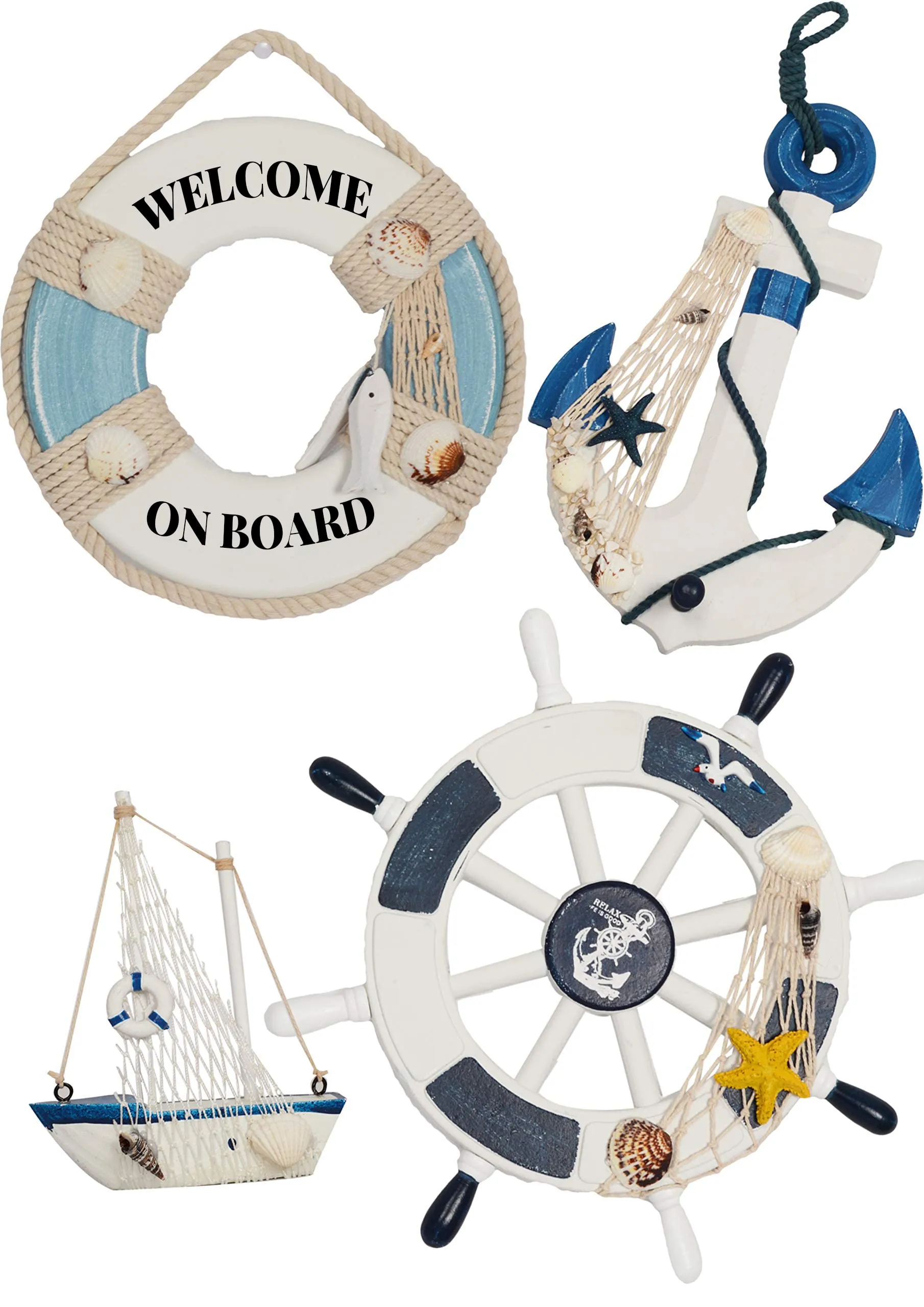 Wooden Nautical Lighthouse Anchor Wall Hanging Ornament, Beach Wooden Boat Ship Steering