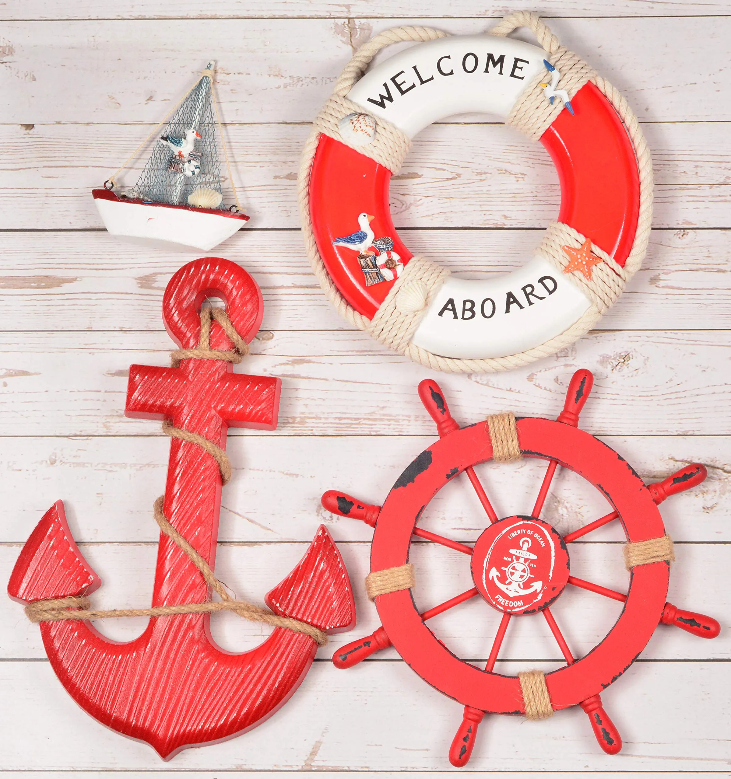 Wooden Nautical Lighthouse Anchor Wall Hanging Ornament, Beach Wooden Boat Ship Steering