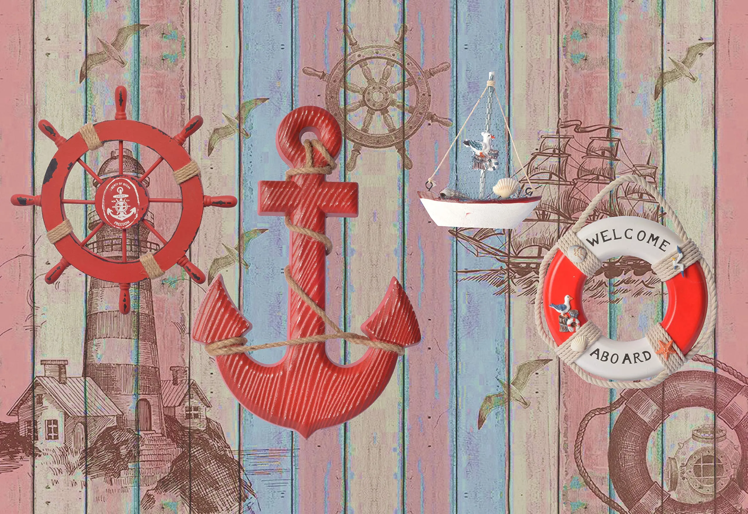 Wooden Nautical Lighthouse Anchor Wall Hanging Ornament, Beach Wooden Boat Ship Steering