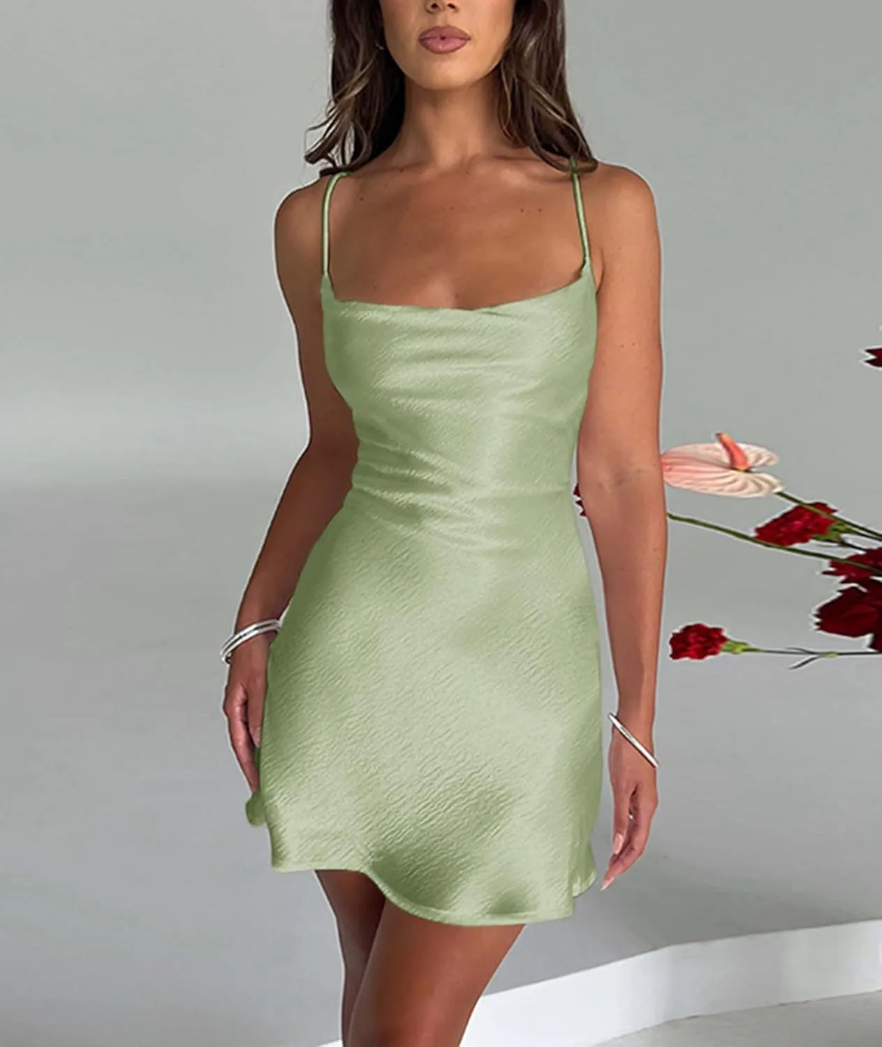 xxxiticat Women's Satin Mini Dress Sleeveless Cowl Neck A-Line Swing Party Lace Up Bandage Open Back Short Slip Dress