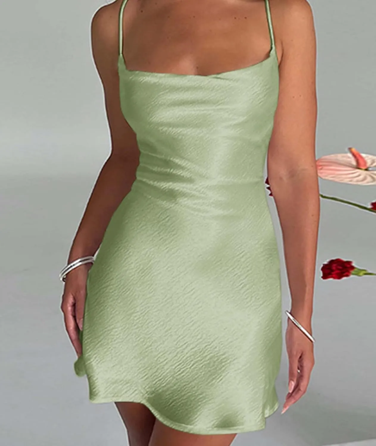 xxxiticat Women's Satin Mini Dress Sleeveless Cowl Neck A-Line Swing Party Lace Up Bandage Open Back Short Slip Dress