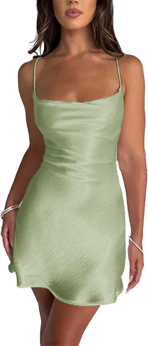 xxxiticat Women's Satin Mini Dress Sleeveless Cowl Neck A-Line Swing Party Lace Up Bandage Open Back Short Slip Dress